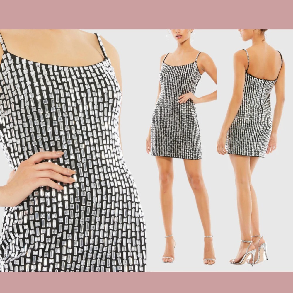 NWT MAC DUGGAL [ 2 ]‎ 10782 Fully Beaded Tank Mini Dress in Black/Silver J1402